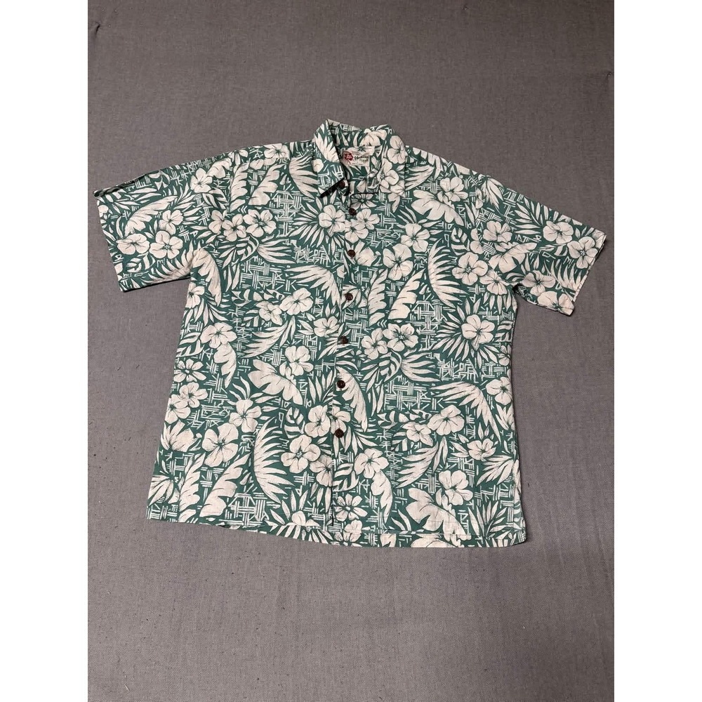 Hilo Hattie Hawaiian Shirt L Teal Green Floral Hibiscus Tribal Made in Hawaii